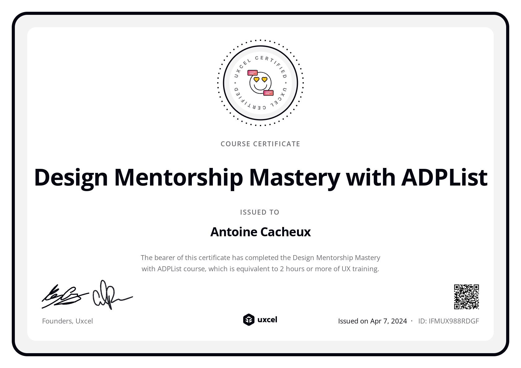 Antoine Cacheux's certificate